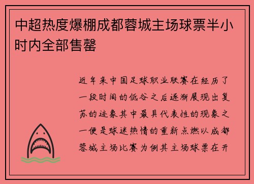 中超热度爆棚成都蓉城主场球票半小时内全部售罄 中超热度爆棚成都蓉城主场球票半小时内全部售罄